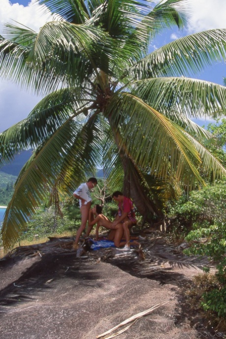 Dark haired chick gets double fucked while vacationing on tropical island