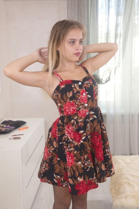 Tiny 18-year-old Monica A removes a pretty dress before sex with her boyfriend