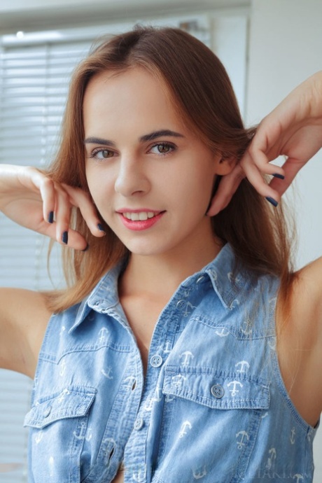 Pale redhead skinny teen Gracie showing closeup of bald snatch & small ass