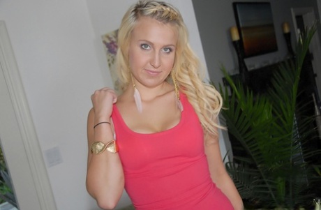 Blonde solo girl Destiny Jaymes takes off her blue jeans and white underwear