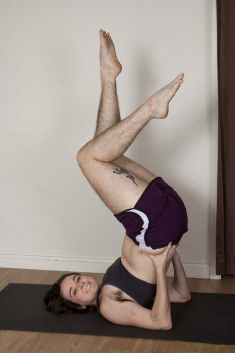 Exercise lover Harley shows very hairy armpits, legs & pussy while working out