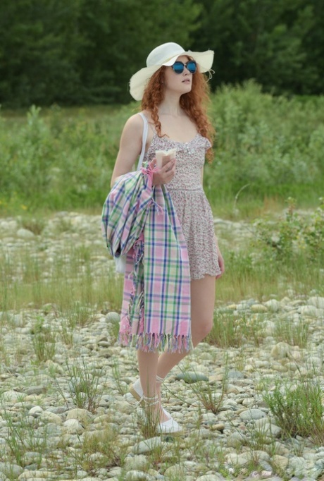 Picnicking redhead Heidi Romanova flashes hot upskirt & shows closeup pussy