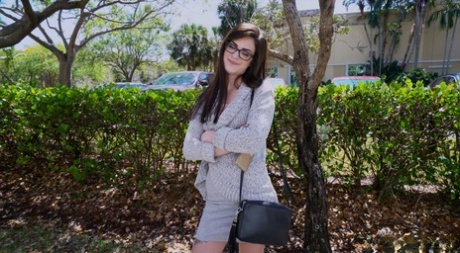Nerdy teen with small boobs Piper June gets railed in the back seat