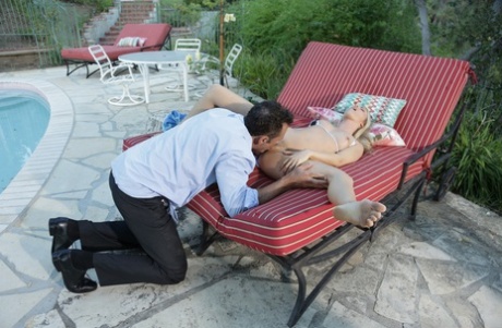 Blonde Karla Kush seduces lover to make love outdoors on deck chair