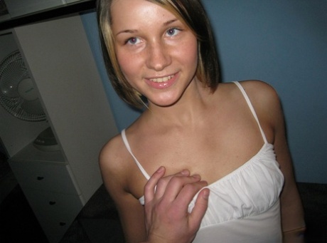 Cute blue eyes amateur teen Irina Bruni gives head and rides a cock