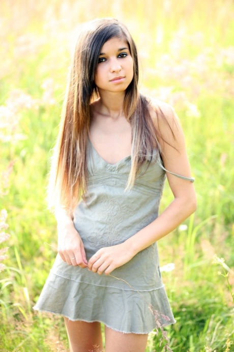 Slender teen model Nika doffs her dress and poses naked in nature