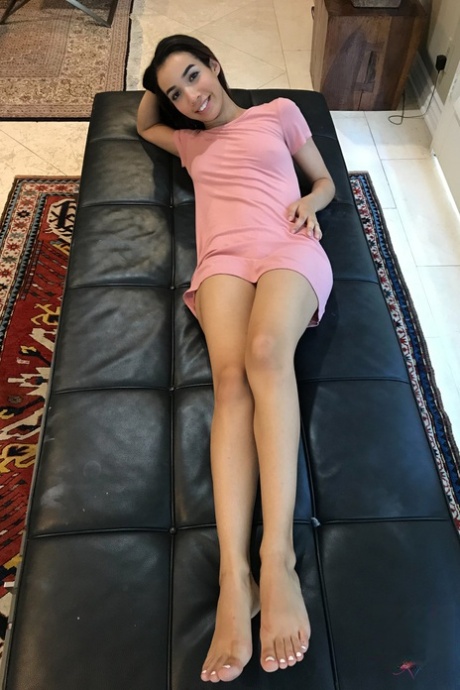 Sexy brunette babe Jackie Rogen shows her inviting trimmed pussy up close