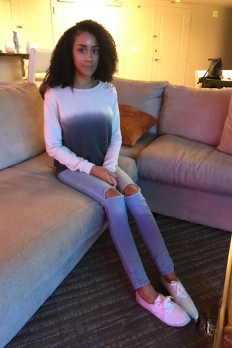 Curly haired ebony girlfriend Ariana Aimes strips & exposes her black curves