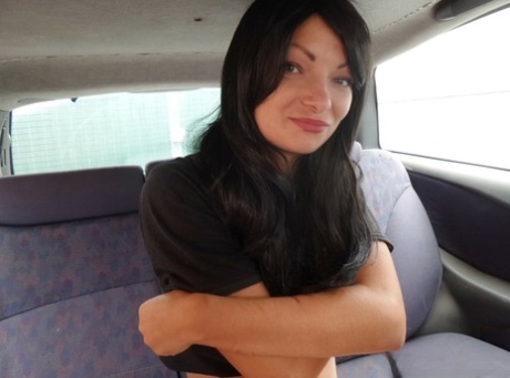 Raven-haired babe Mira Monroe strips in the car & touches herself in a solo