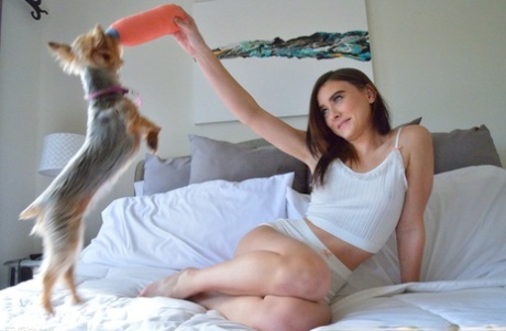 Horny babe Veronica shows her trimmed pussy up close while masturbating