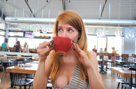 Skinny teen Bethany reveals her big breasts and adorable ass in public