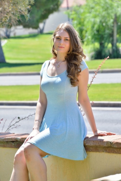 Breathtaking babe Jenna shamelessly toys her yummy pierced pussy in public